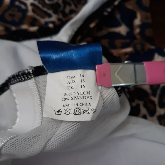 Faux Wrap Front Women's Blue and Brown Leopard Print Swimsuit Size 14 Like New - Picture 9 of 12